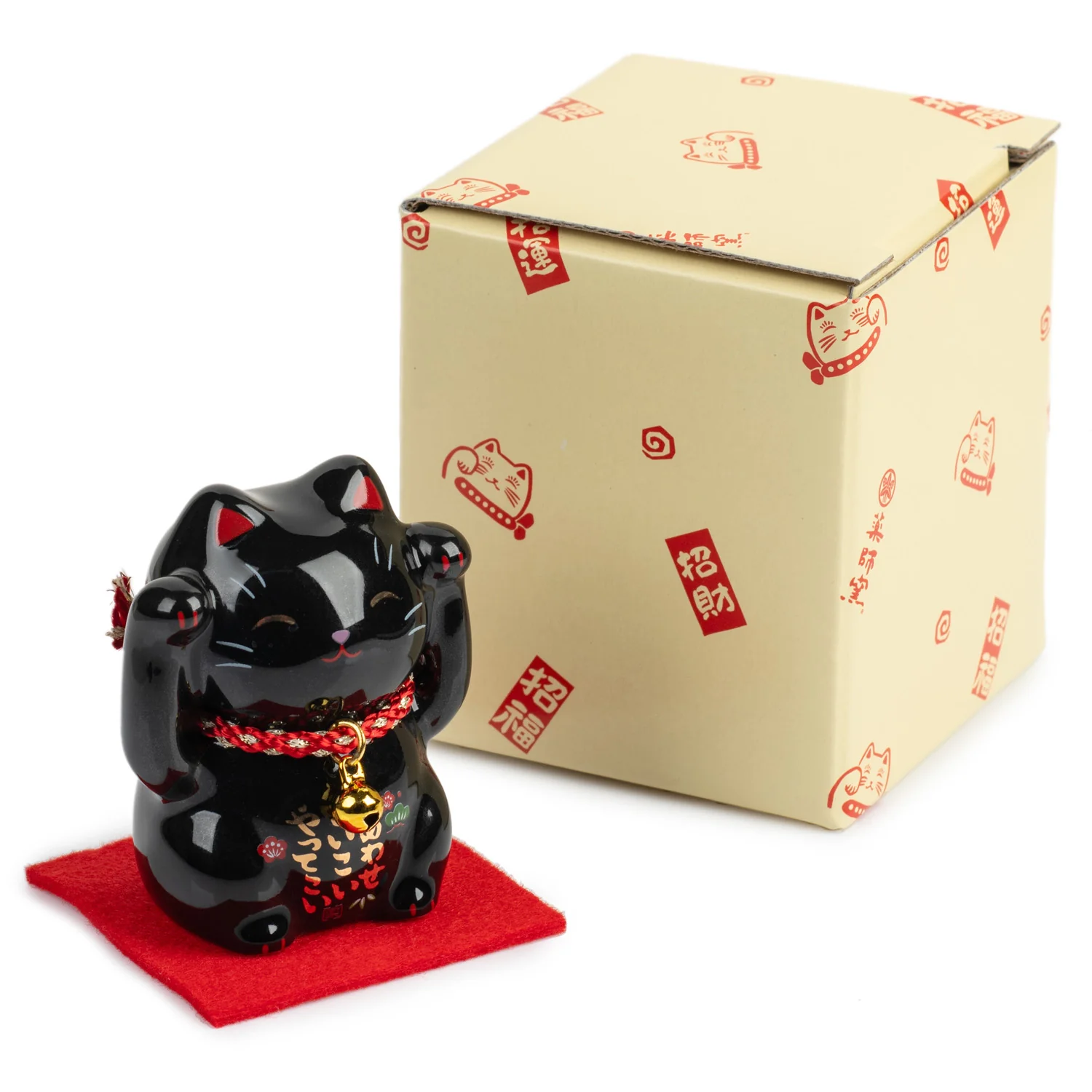 Black Good Health Japanese Lucky Cat and Red Cushion - Image 4