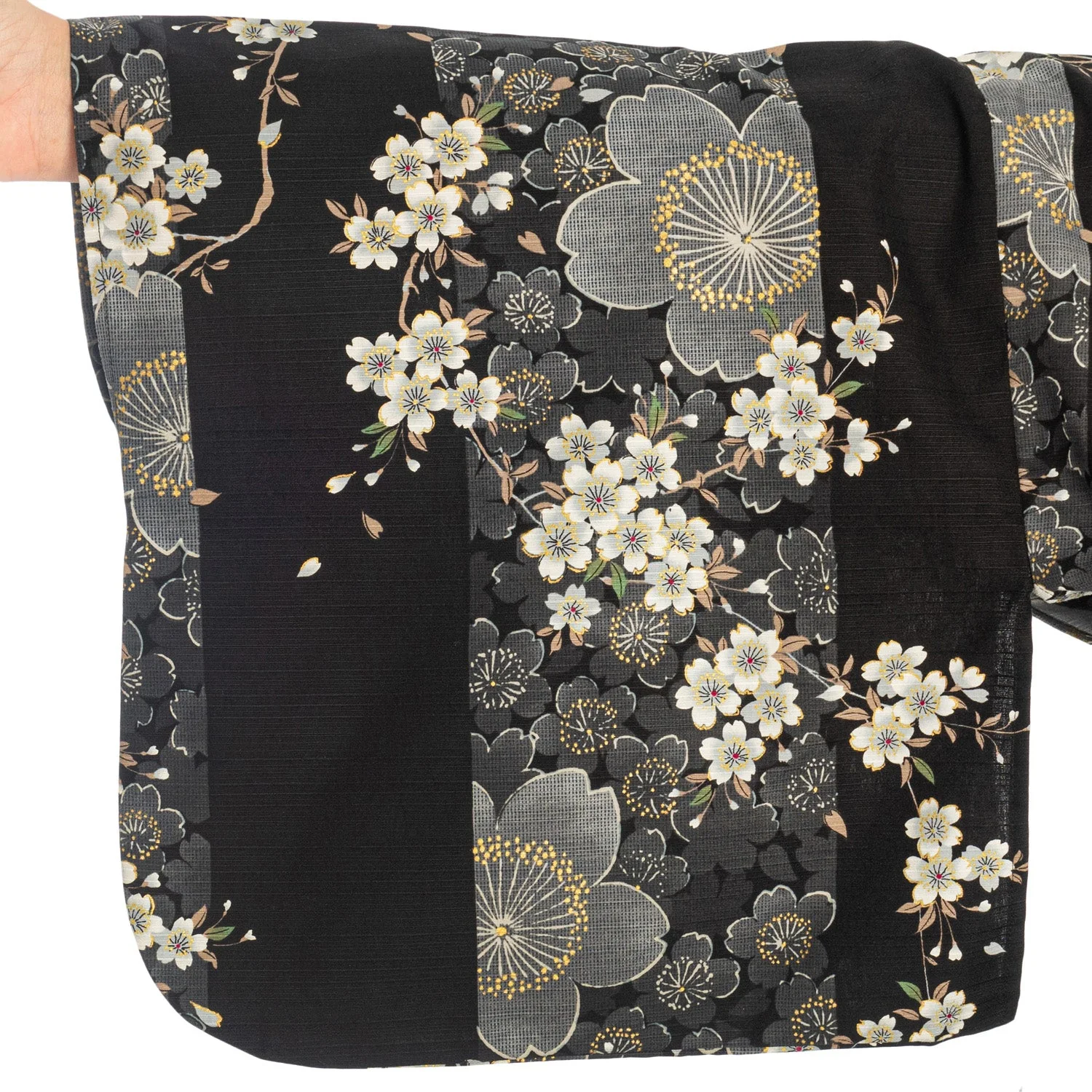 Cherry Blossom Print Long Black Yukata XL - Image 3