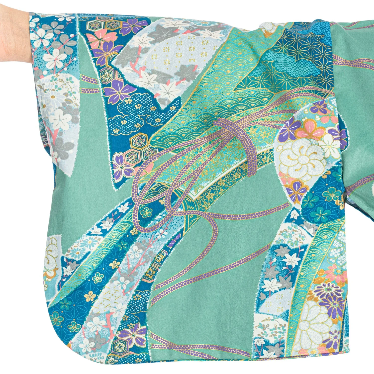 Green Ribbon Long Japanese Cotton Yukata XL - Image 3