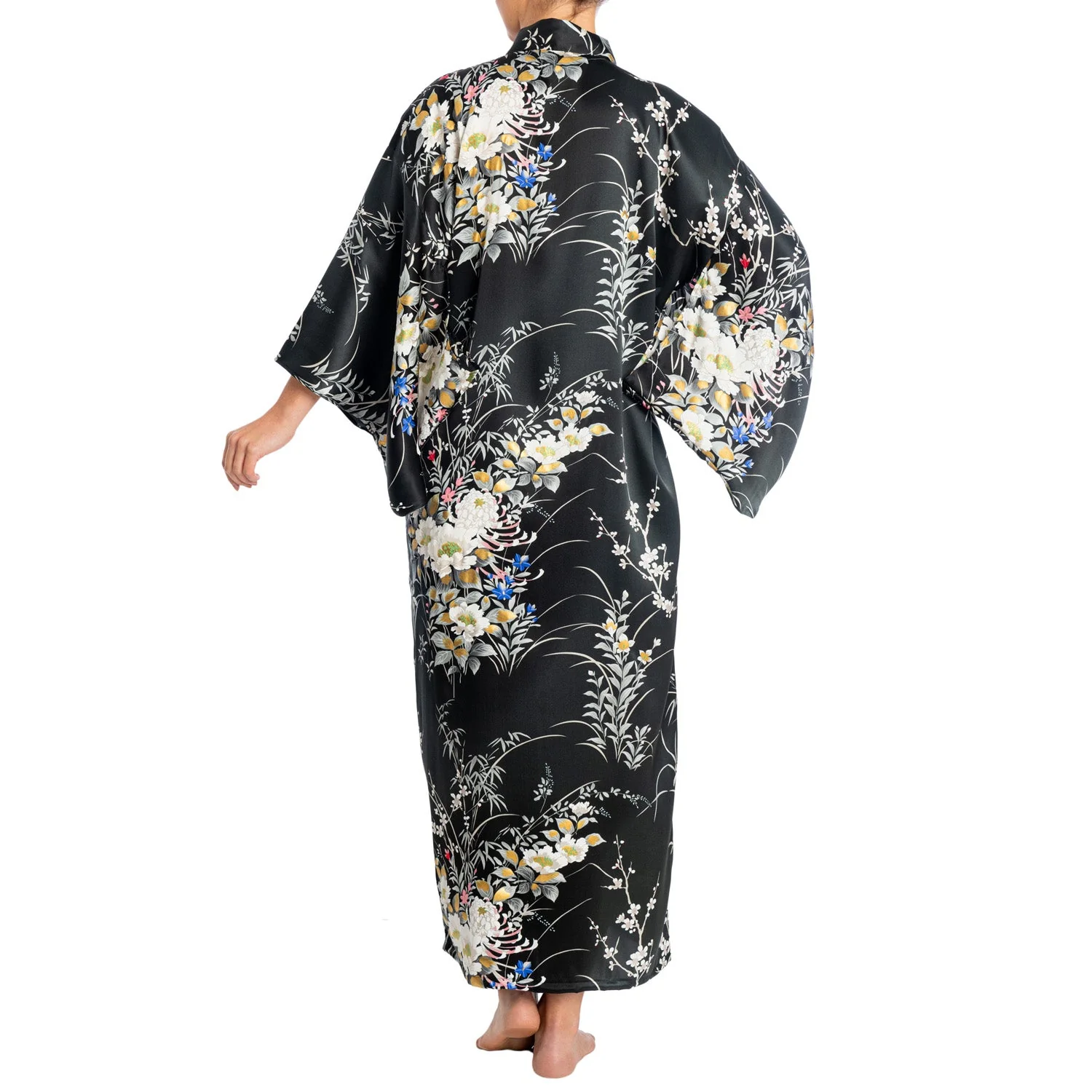 Japanese Silk Kimono Floral Print Long Black - Image 3