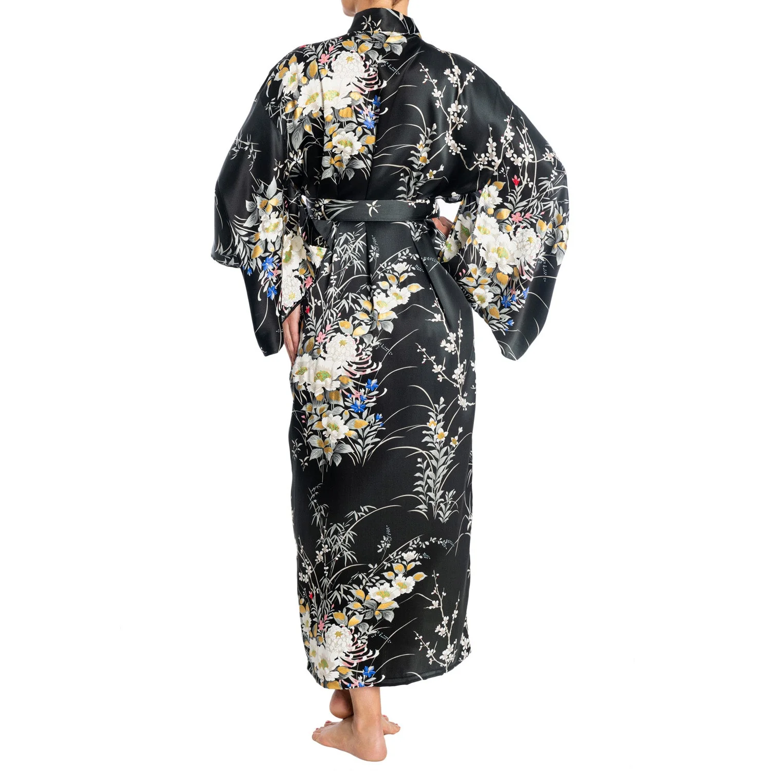 Japanese Silk Kimono Floral Print Long Black - Image 4