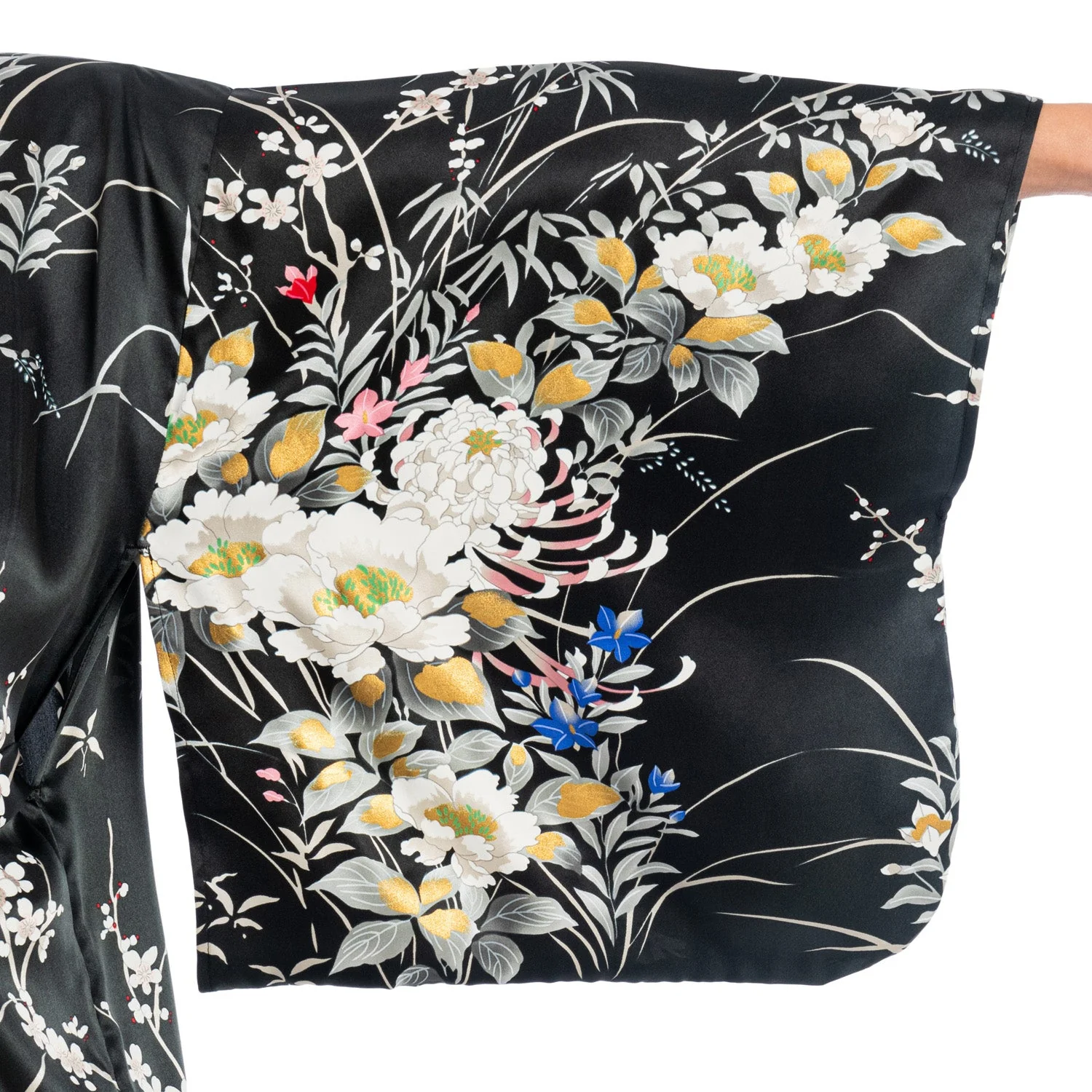 Japanese Silk Kimono Floral Print Long Black - Image 5