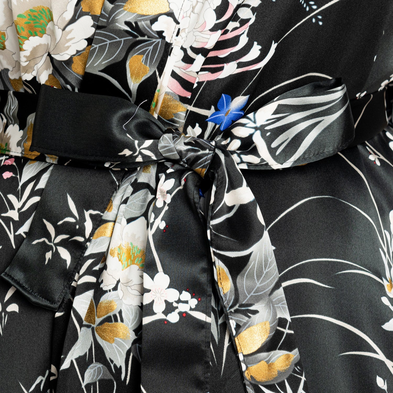 Japanese Silk Kimono Floral Print Long Black - Image 6