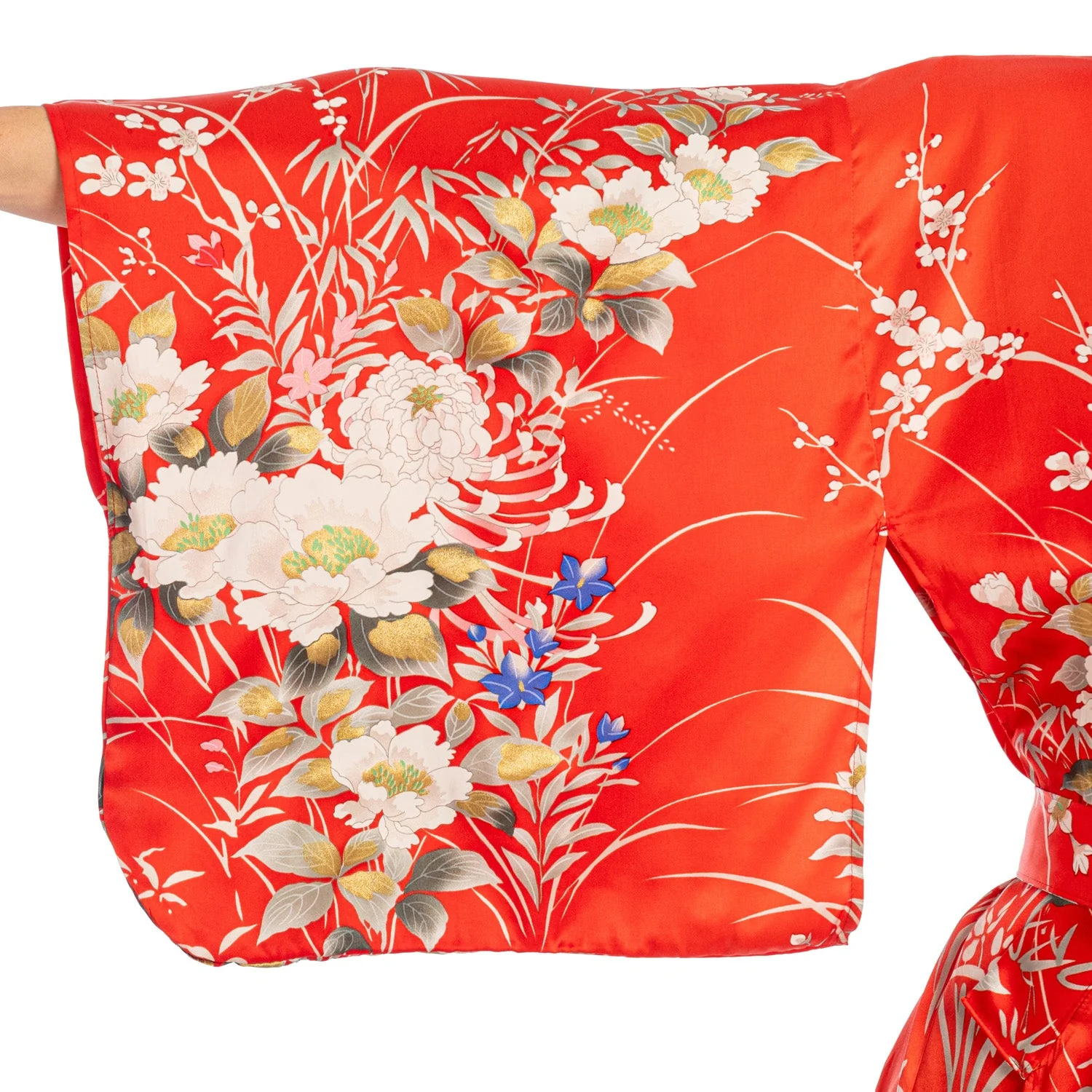 Japanese Silk Kimono Floral Print Long Red - Image 3