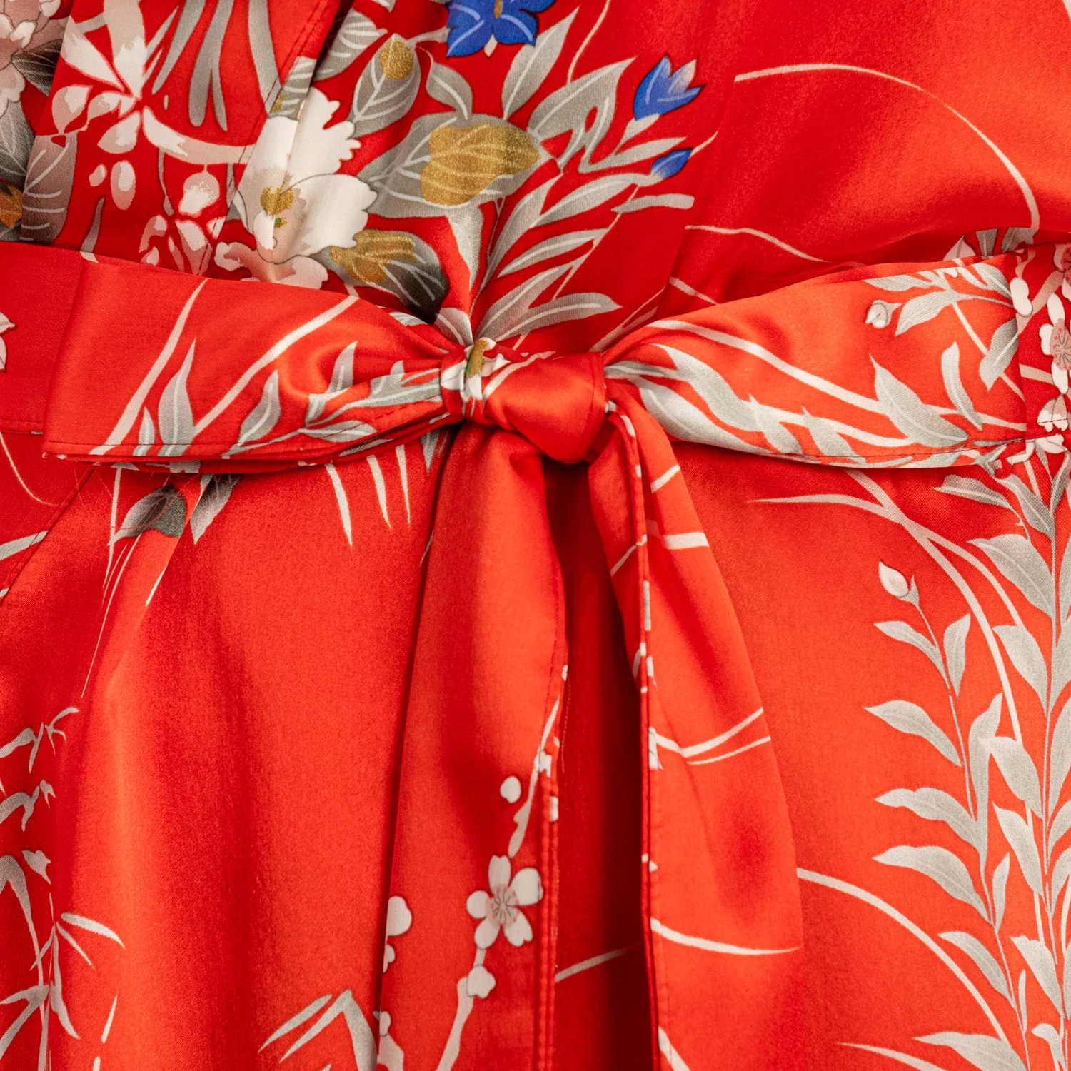 Japanese Silk Kimono Floral Print Long Red - Image 4