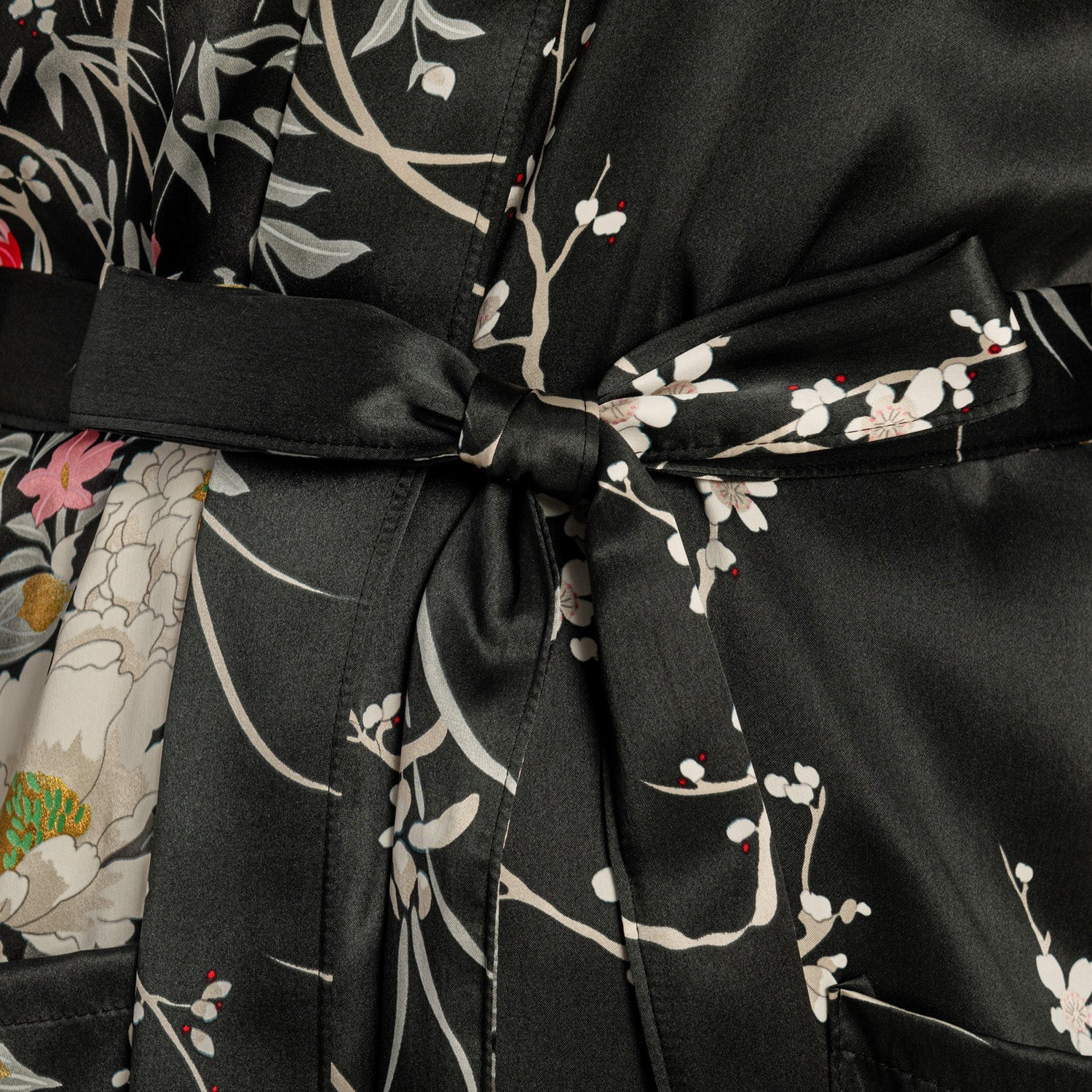 Japanese Silk Kimono Floral Print Short Black - Image 4