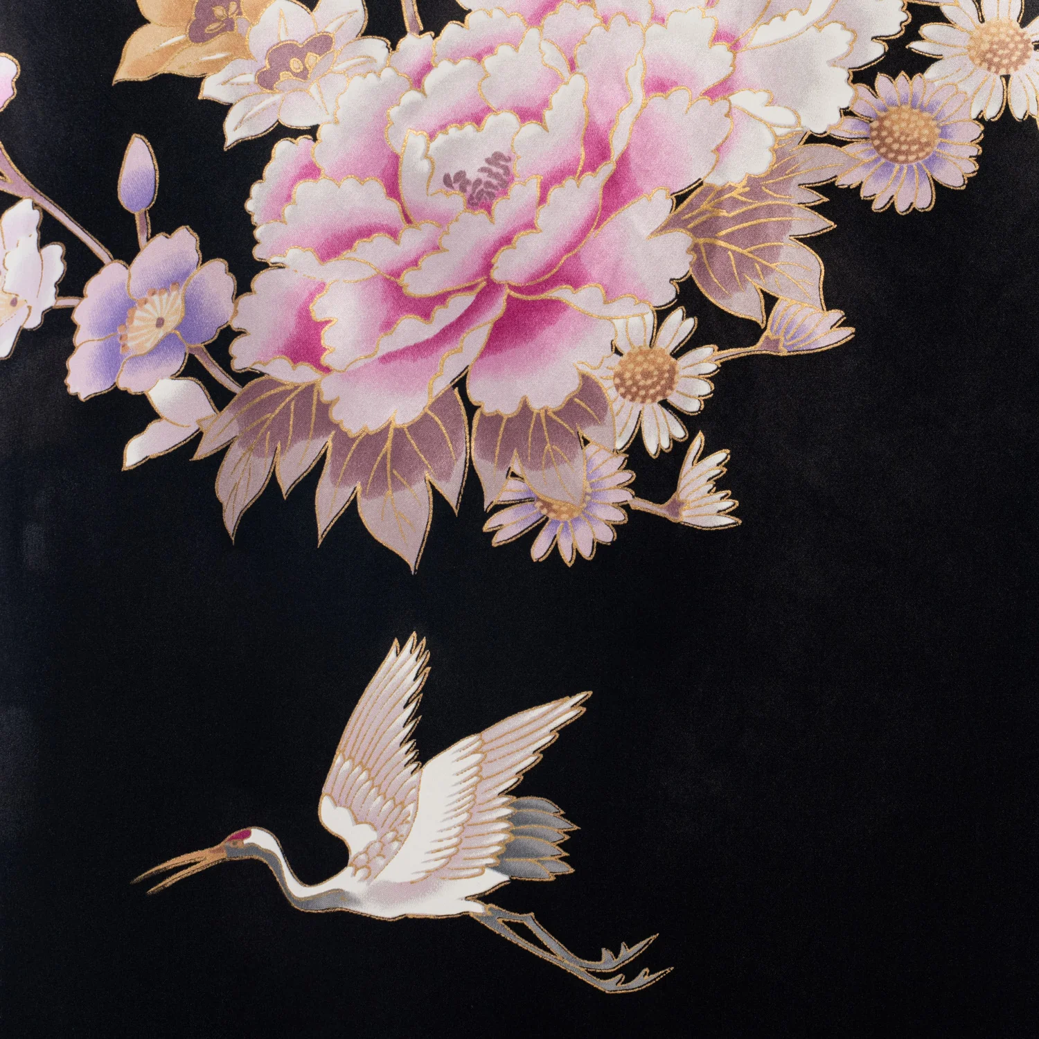 Long Black Silk Floral Crane Japanese Kimono - Image 3