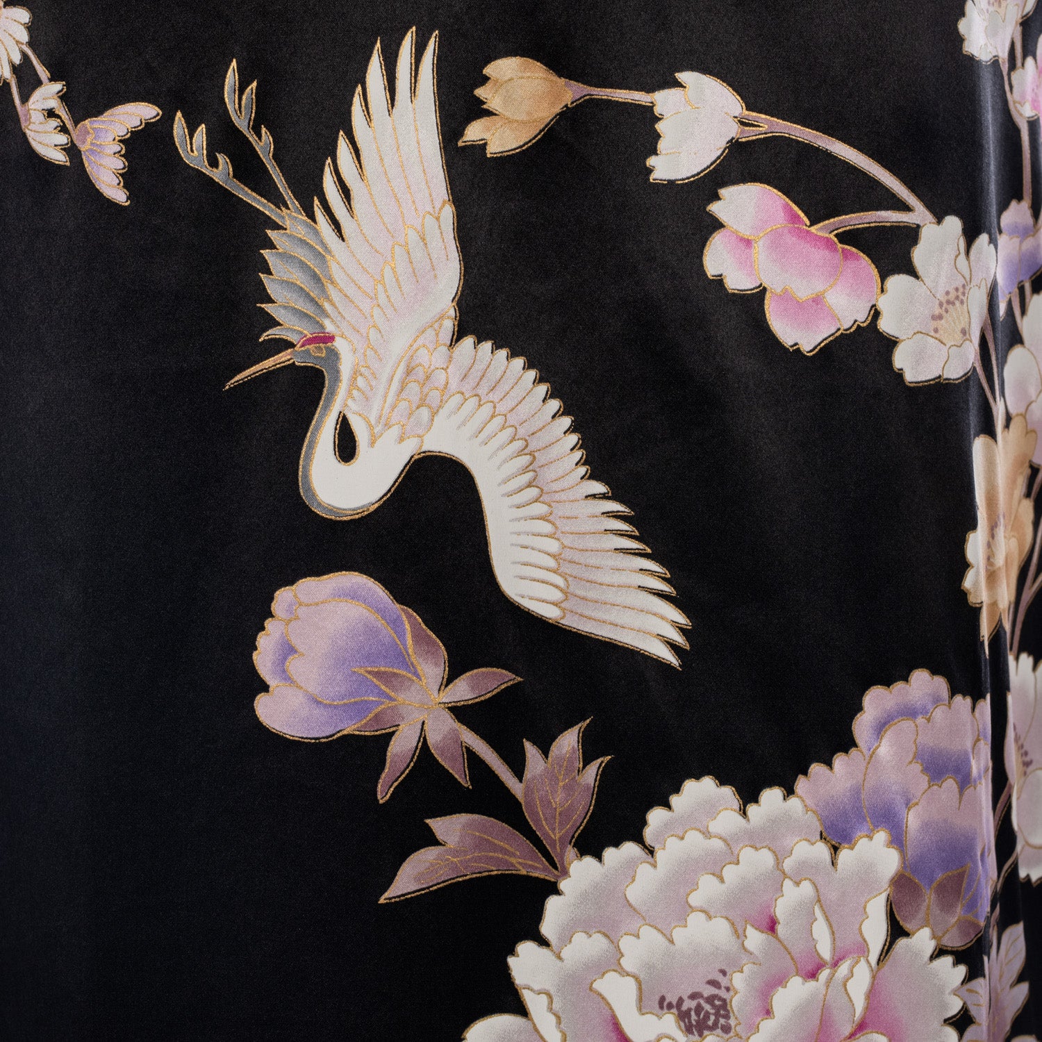 Long Black Silk Floral Crane Japanese Kimono - Image 4