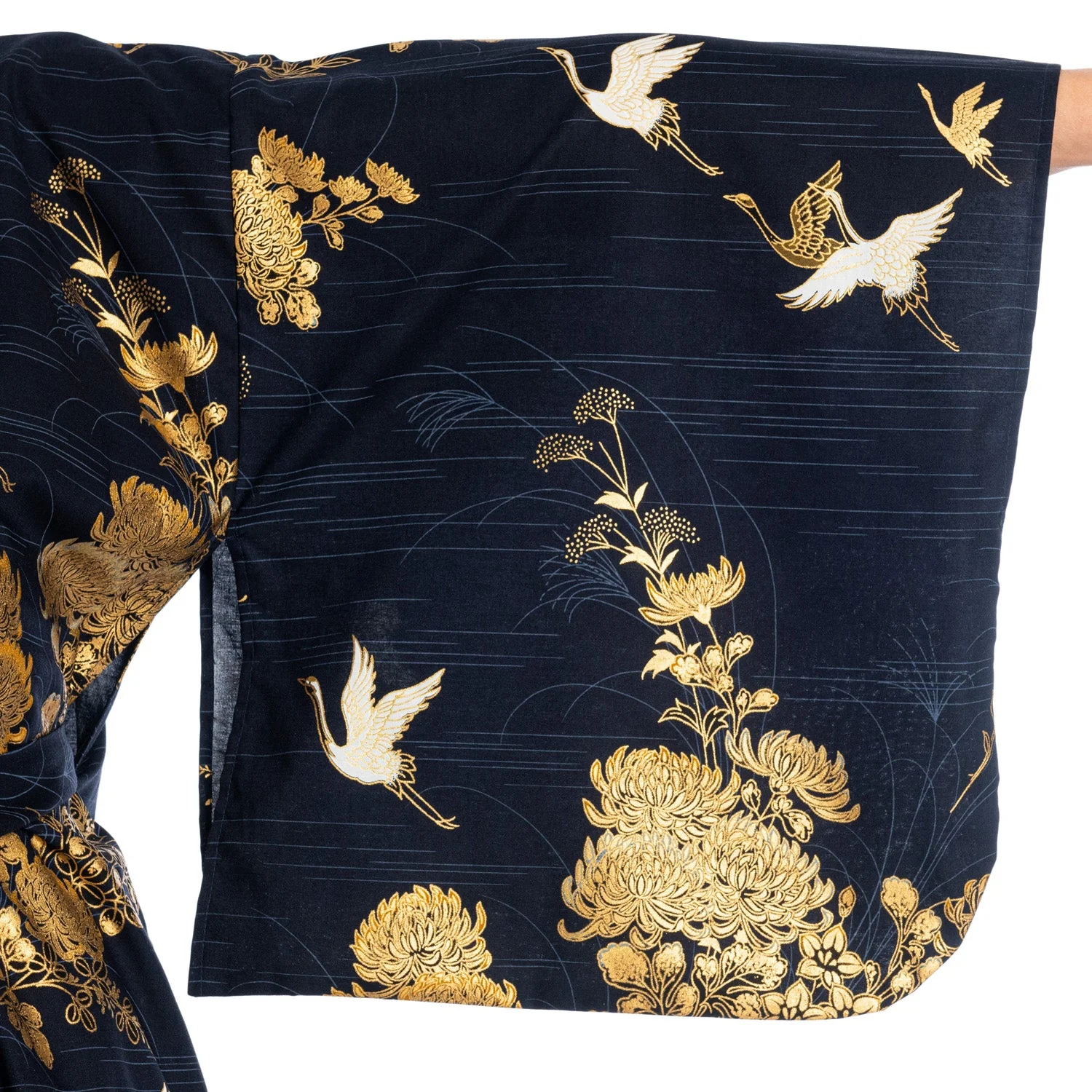 Navy Cotton Crane and Chrysanthemum Kimono - Image 3