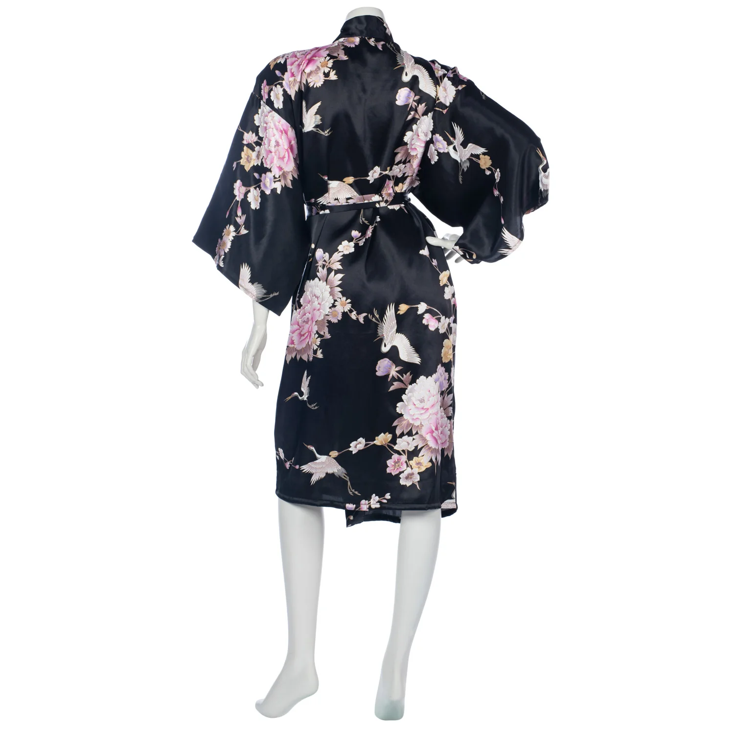Short Black Silk Floral Crane Japanese Kimono - Image 3