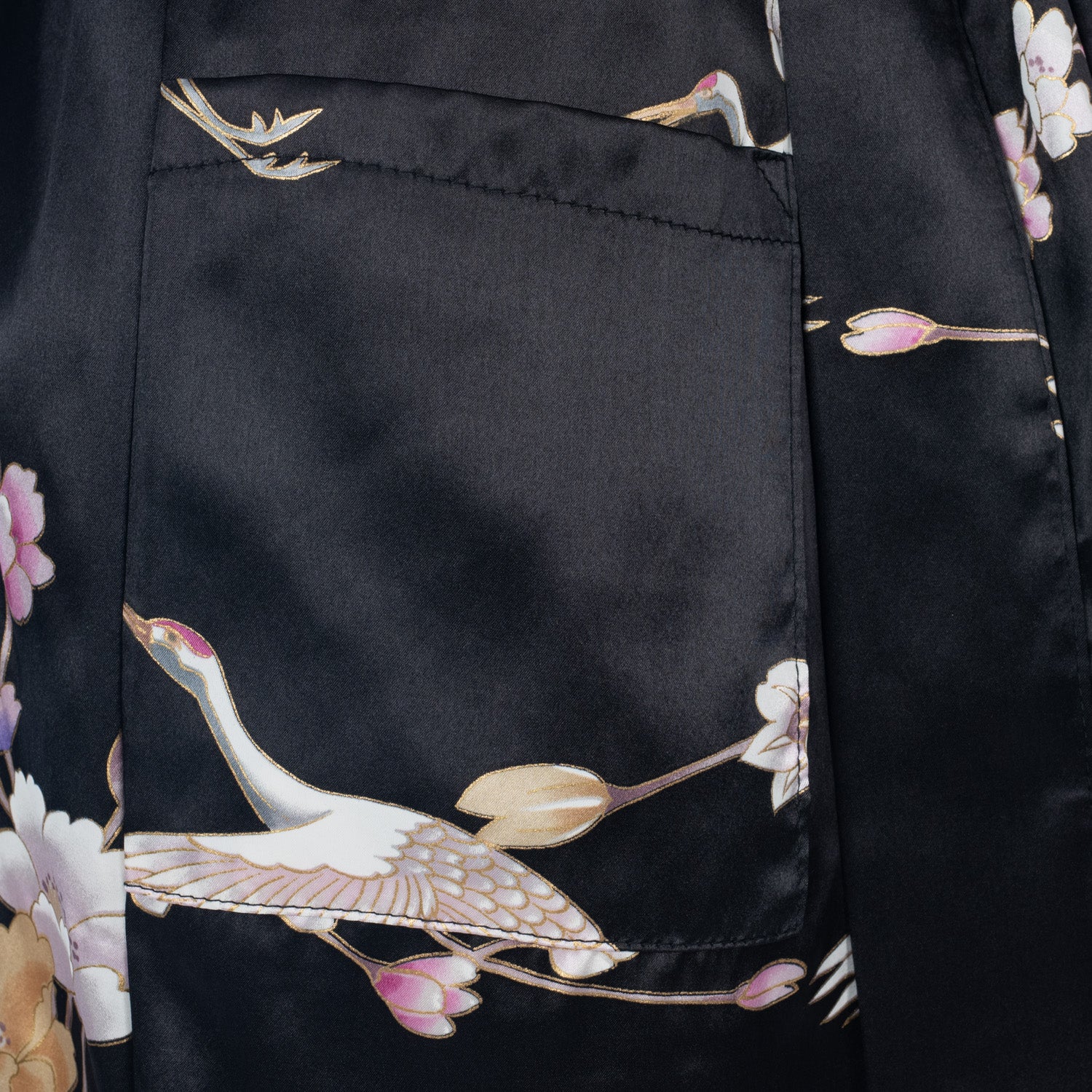 Short Black Silk Floral Crane Japanese Kimono - Image 4