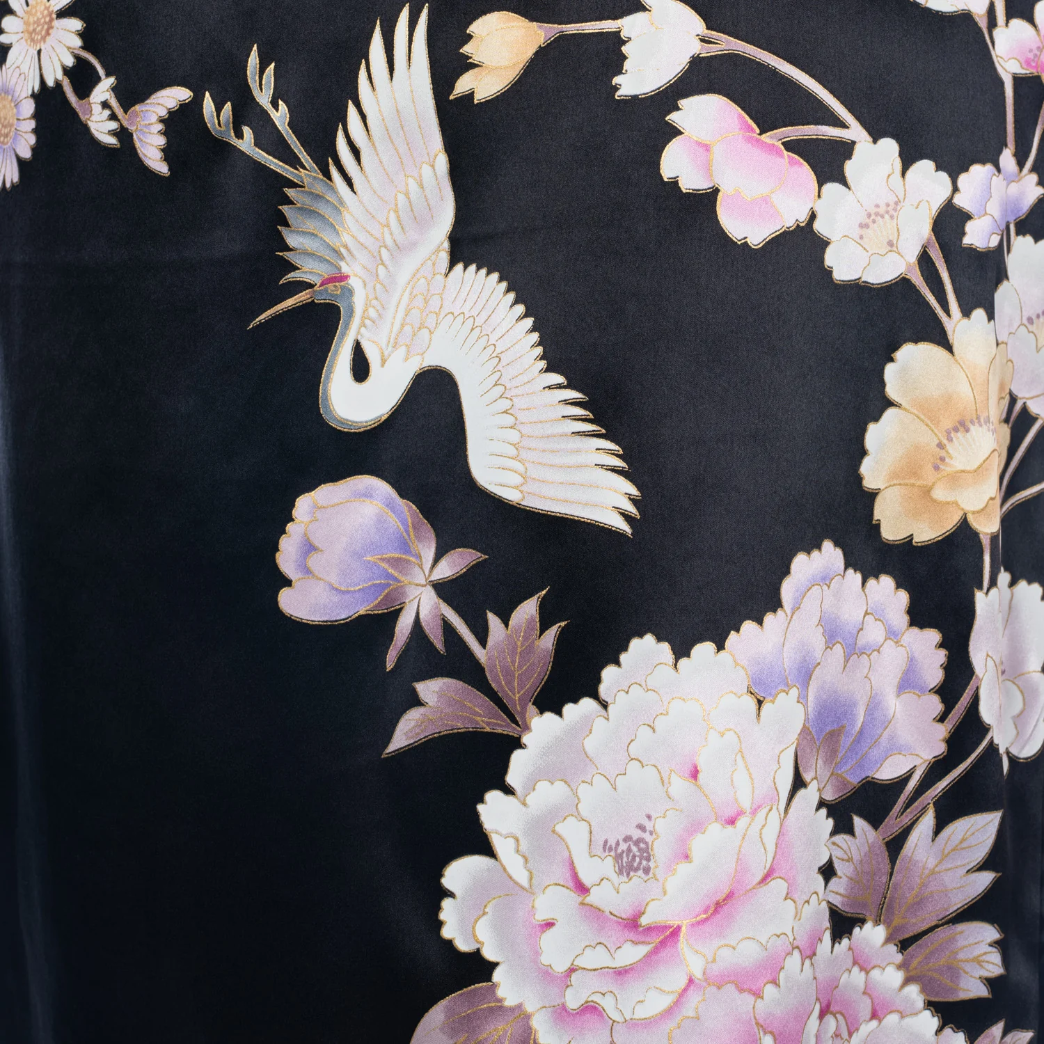 Short Black Silk Floral Crane Japanese Kimono - Image 5