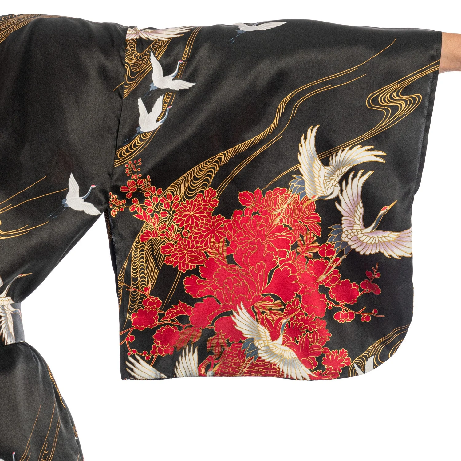 Silk Crane Print Long Black Japanese Kimono - Image 3