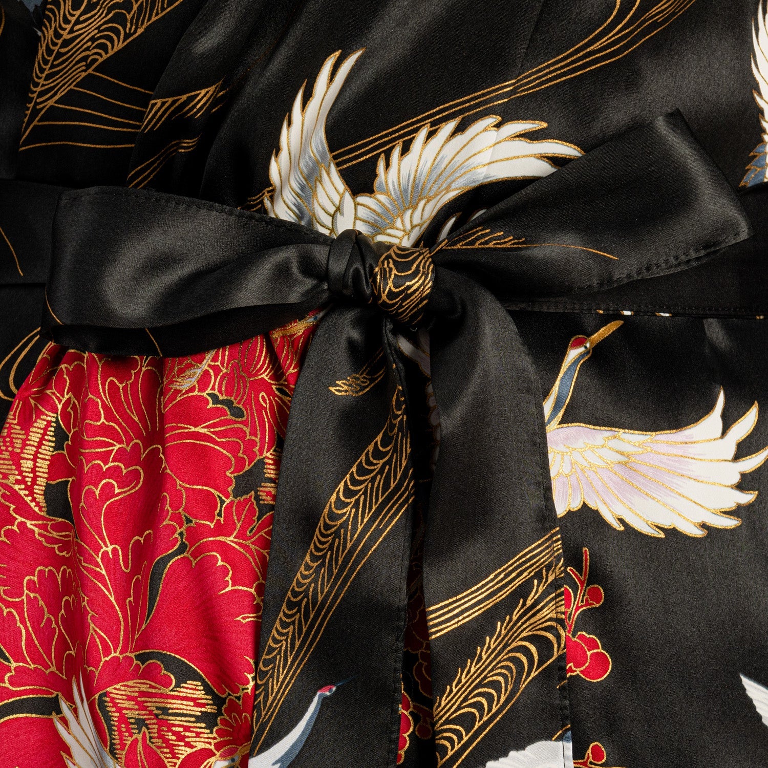 Silk Crane Print Long Black Japanese Kimono - Image 4
