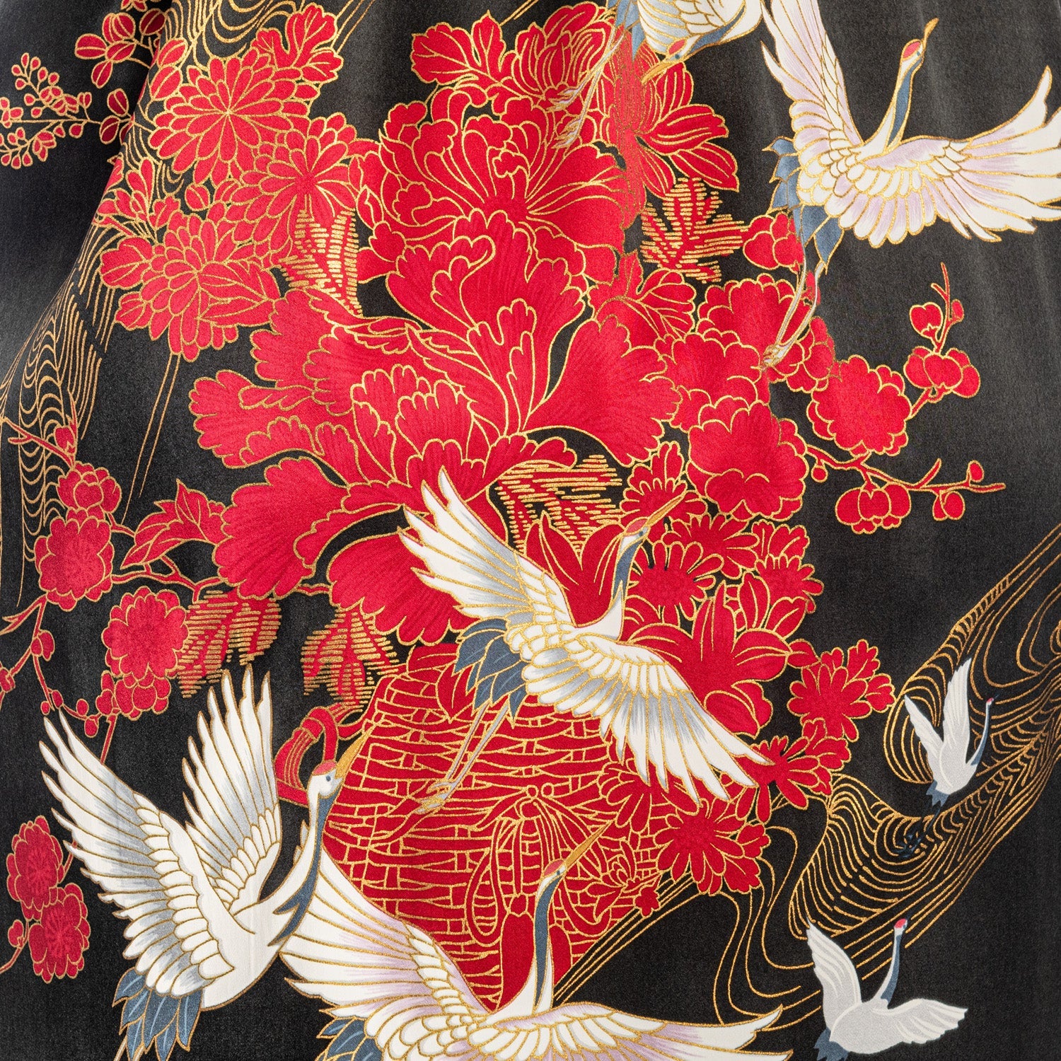 Silk Crane Print Long Black Japanese Kimono - Image 5
