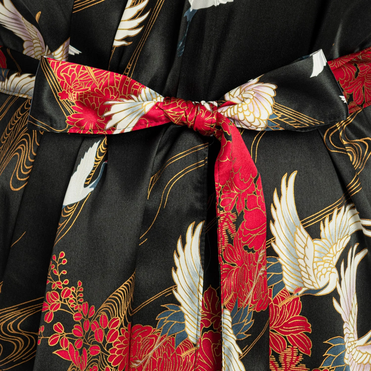 Silk Crane Print Long Black Japanese Kimono XL - Image 4