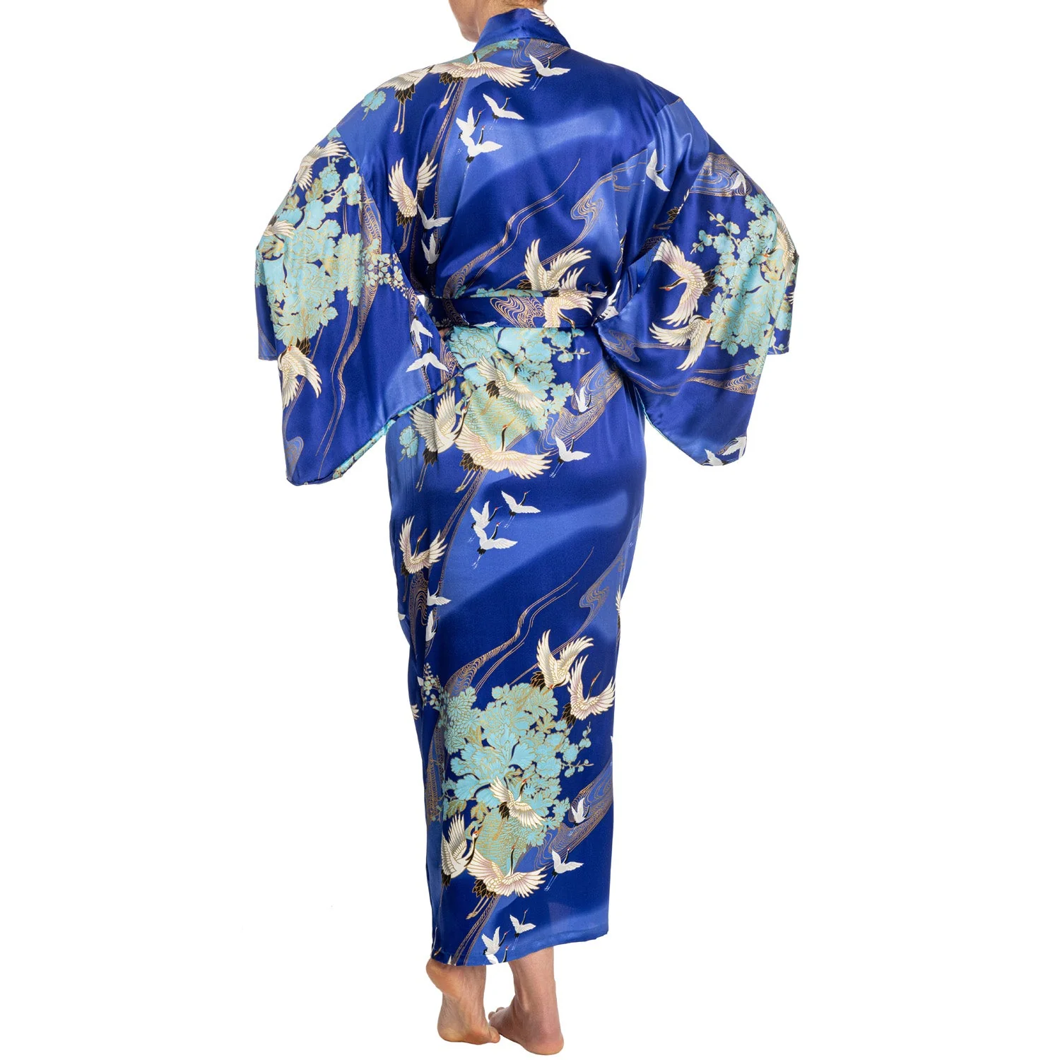 Silk Crane Print Long Blue Japanese Kimono - Image 3