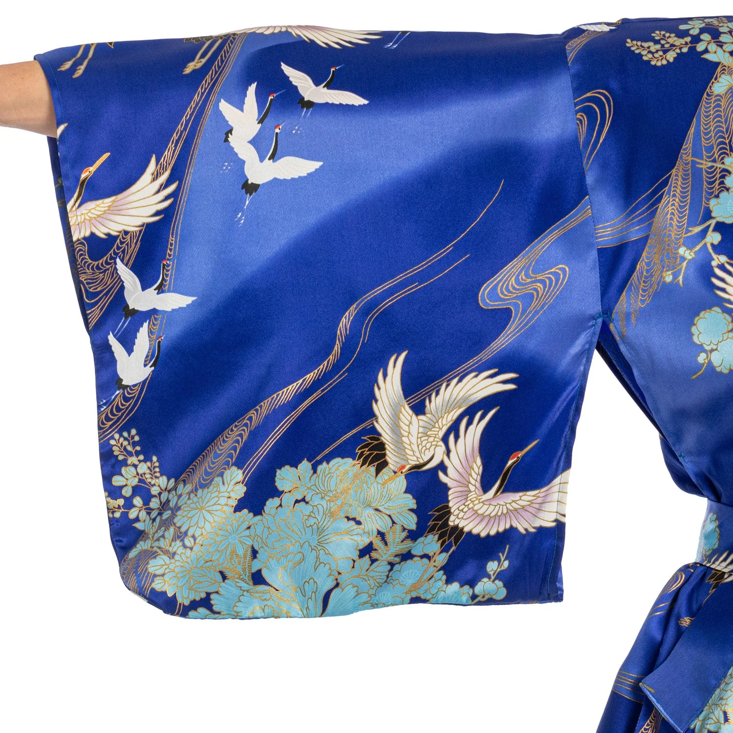 Silk Crane Print Long Blue Japanese Kimono - Image 4