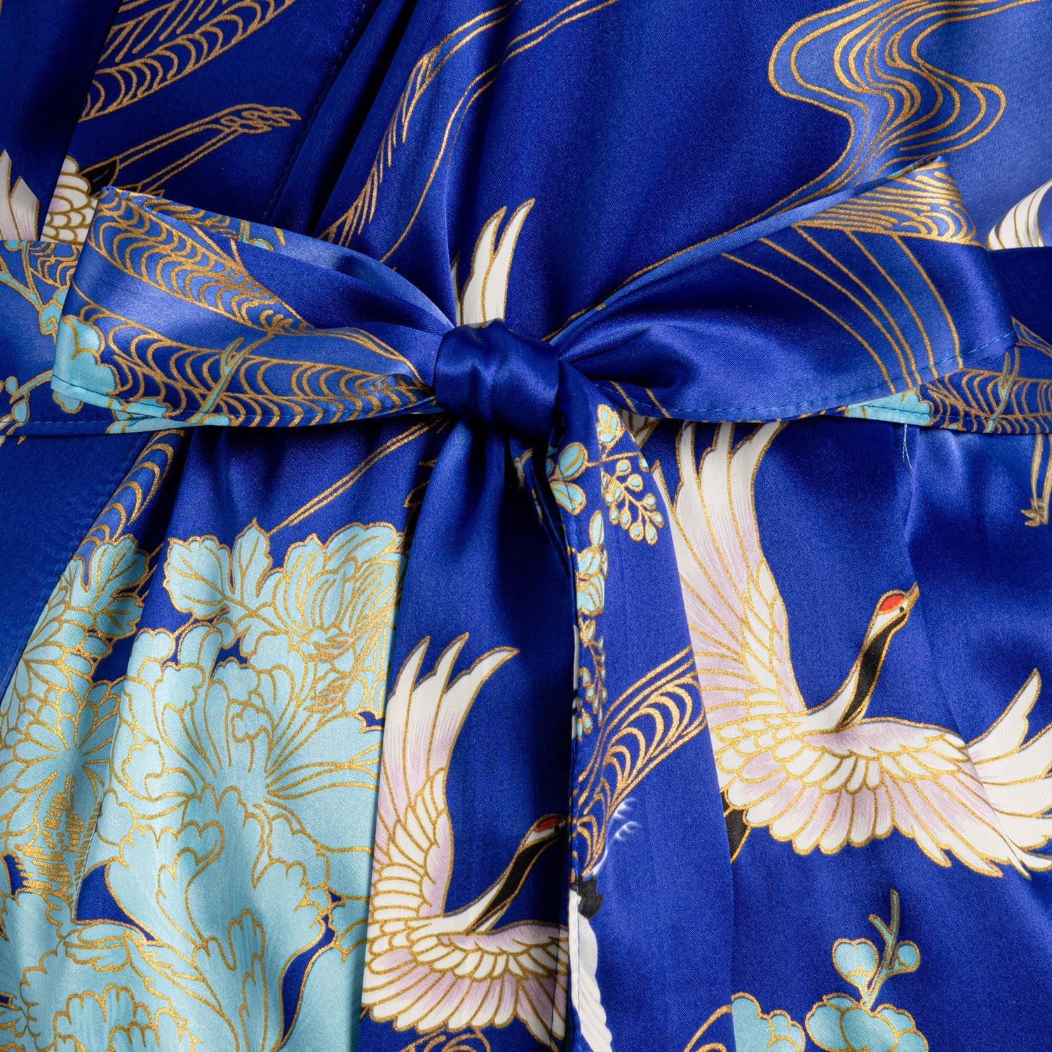 Silk Crane Print Long Blue Japanese Kimono - Image 5