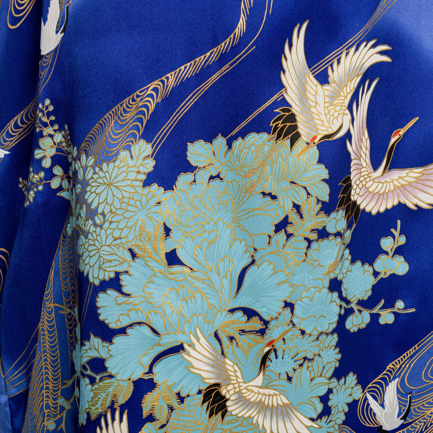 Silk Crane Print Long Blue Japanese Kimono - Image 6