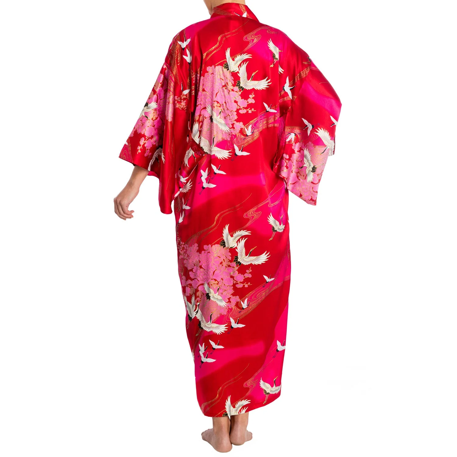Silk Crane Print Long Red Japanese Kimono - Image 3