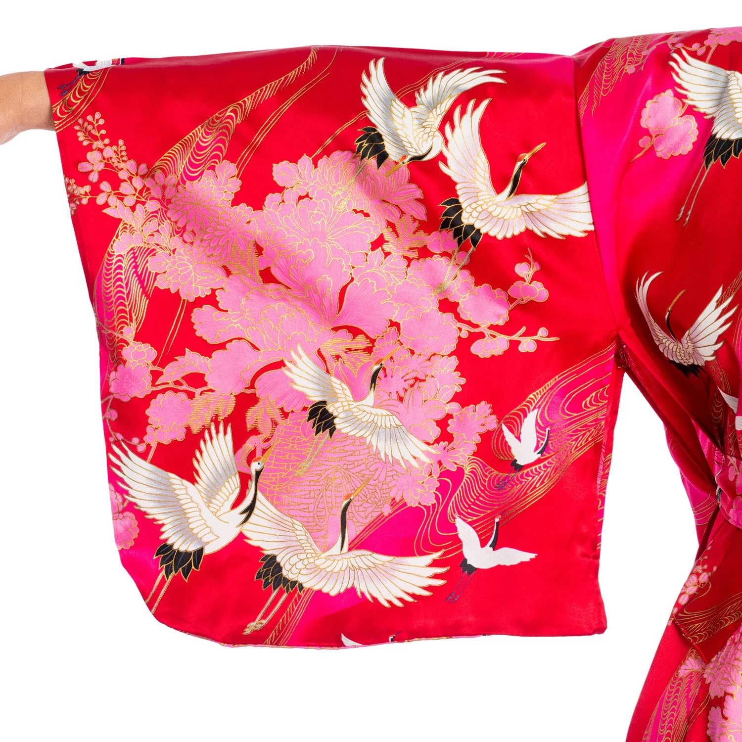 Silk Crane Print Long Red Japanese Kimono - Image 4