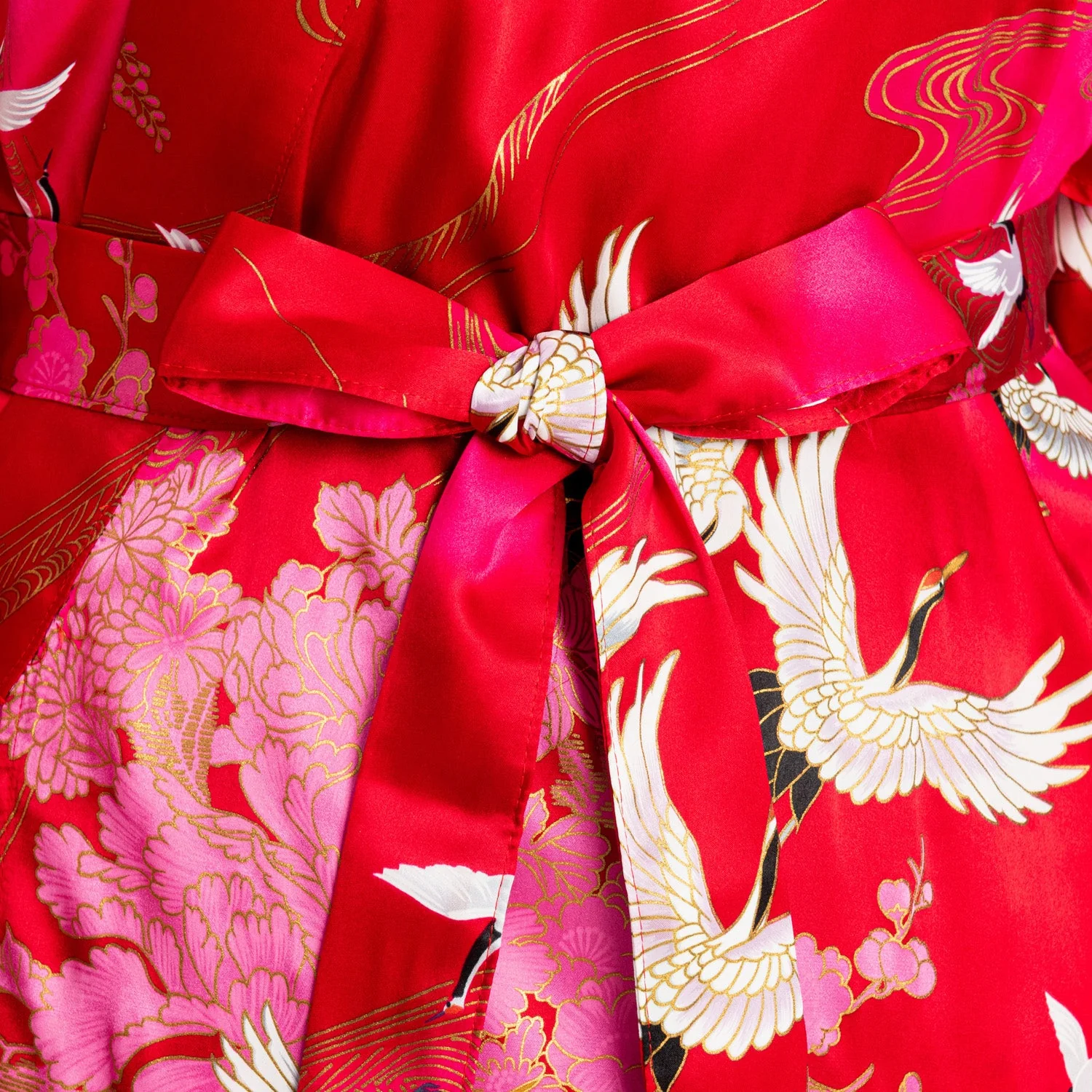 Silk Crane Print Long Red Japanese Kimono - Image 5