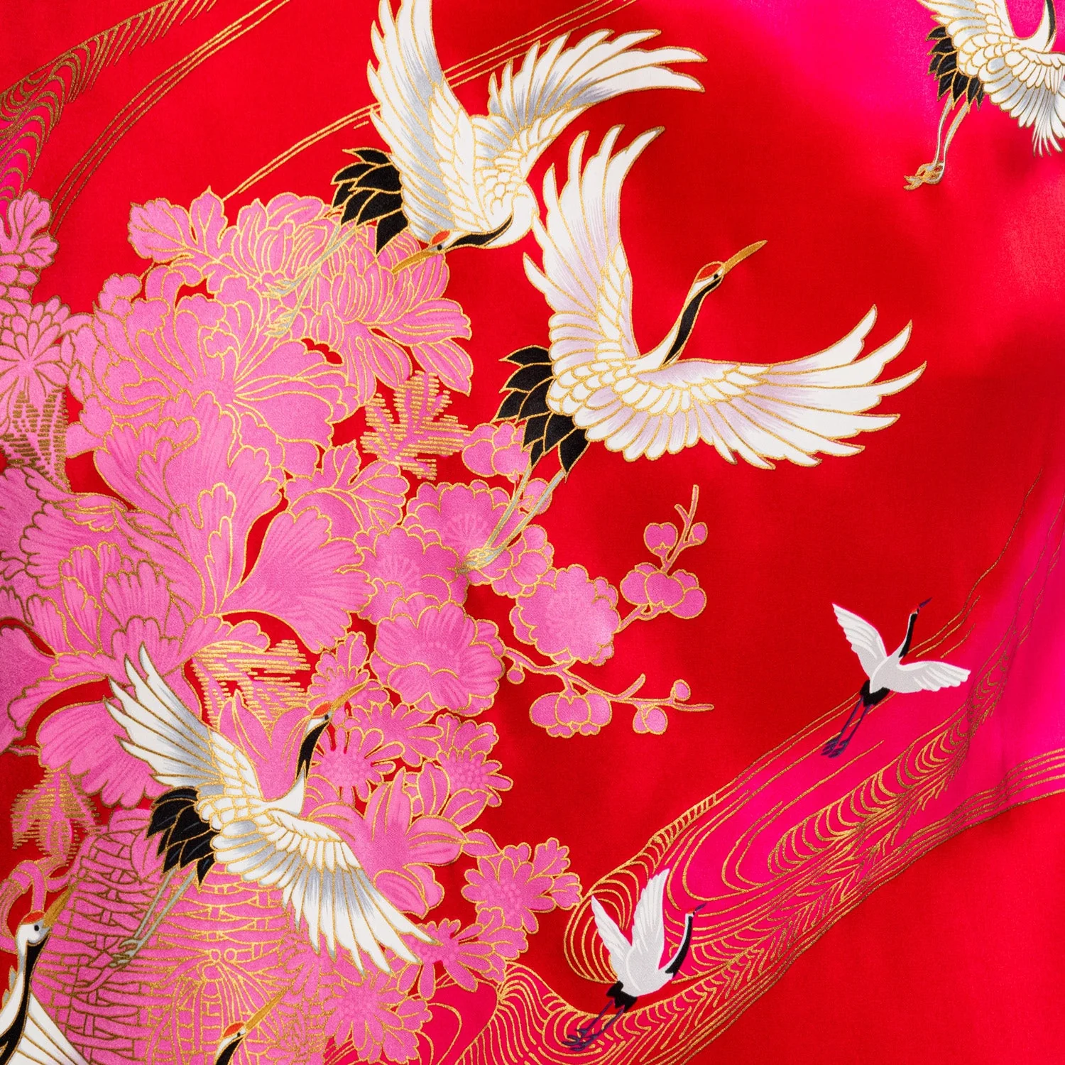Silk Crane Print Long Red Japanese Kimono - Image 6