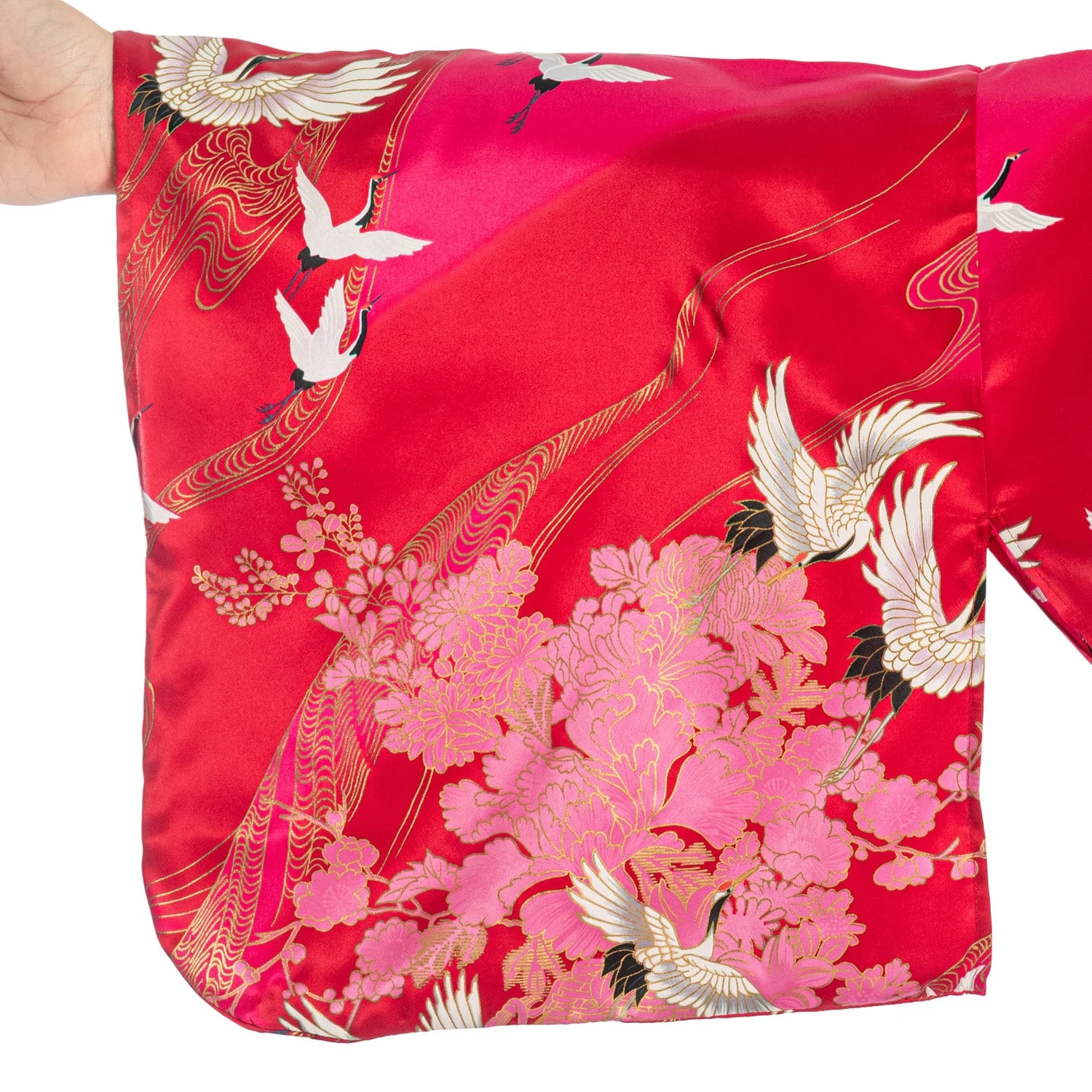 Silk Crane Print Long Red Japanese Kimono XL - Image 3