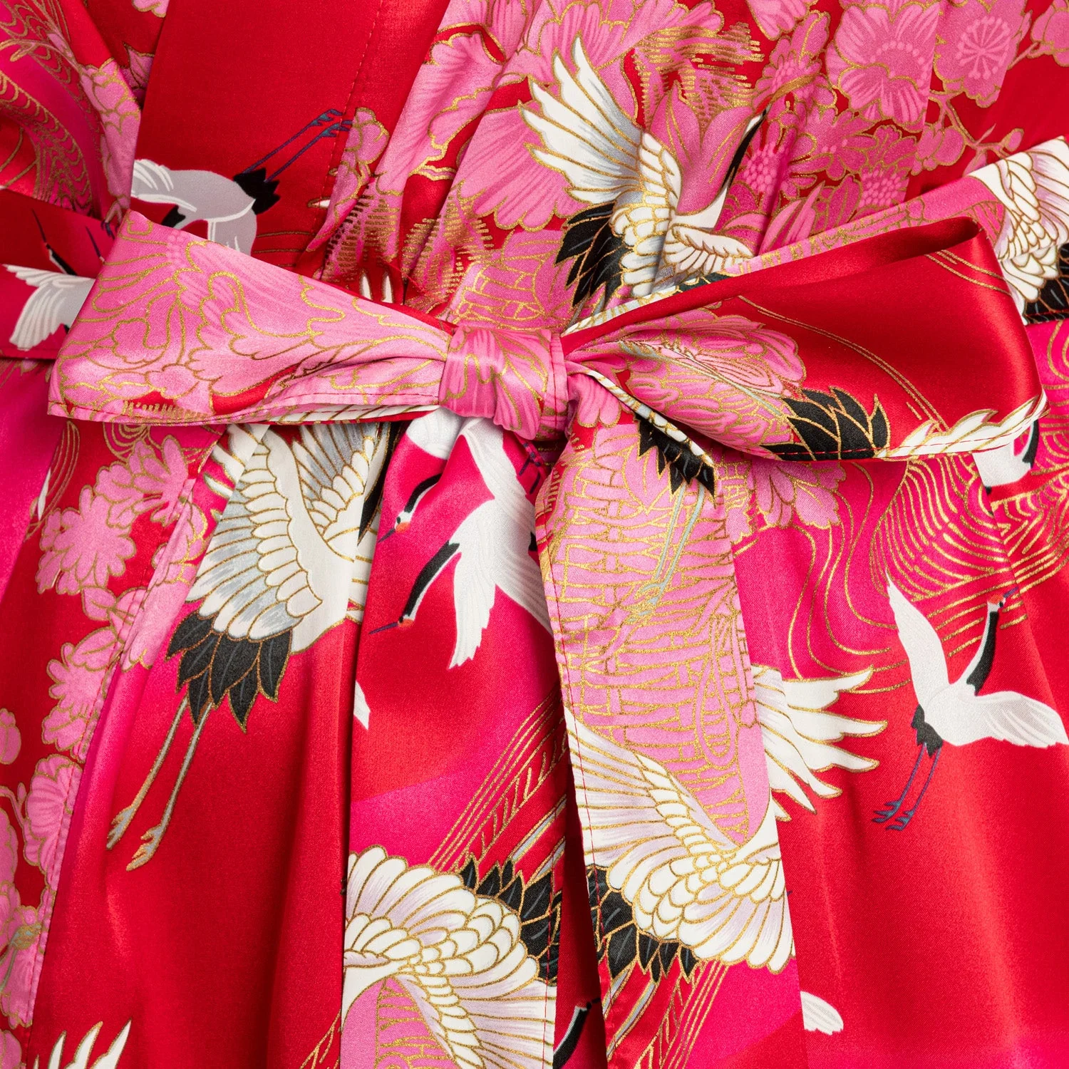 Silk Crane Print Long Red Japanese Kimono XL - Image 4