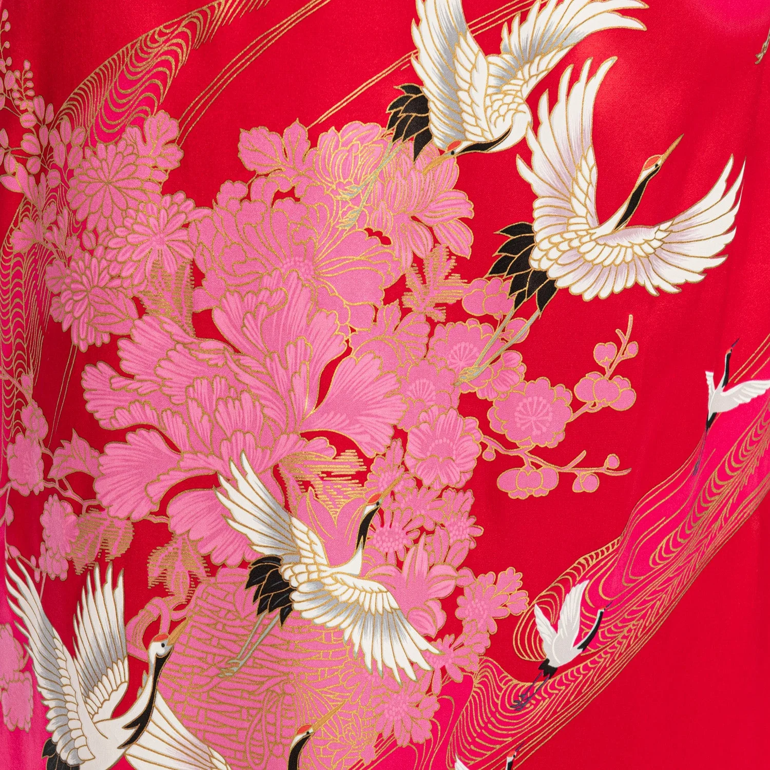 Silk Crane Print Long Red Japanese Kimono XL - Image 5