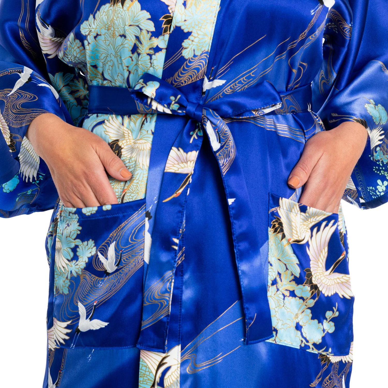 Silk Crane Print Short Blue Japanese Kimono - Image 3