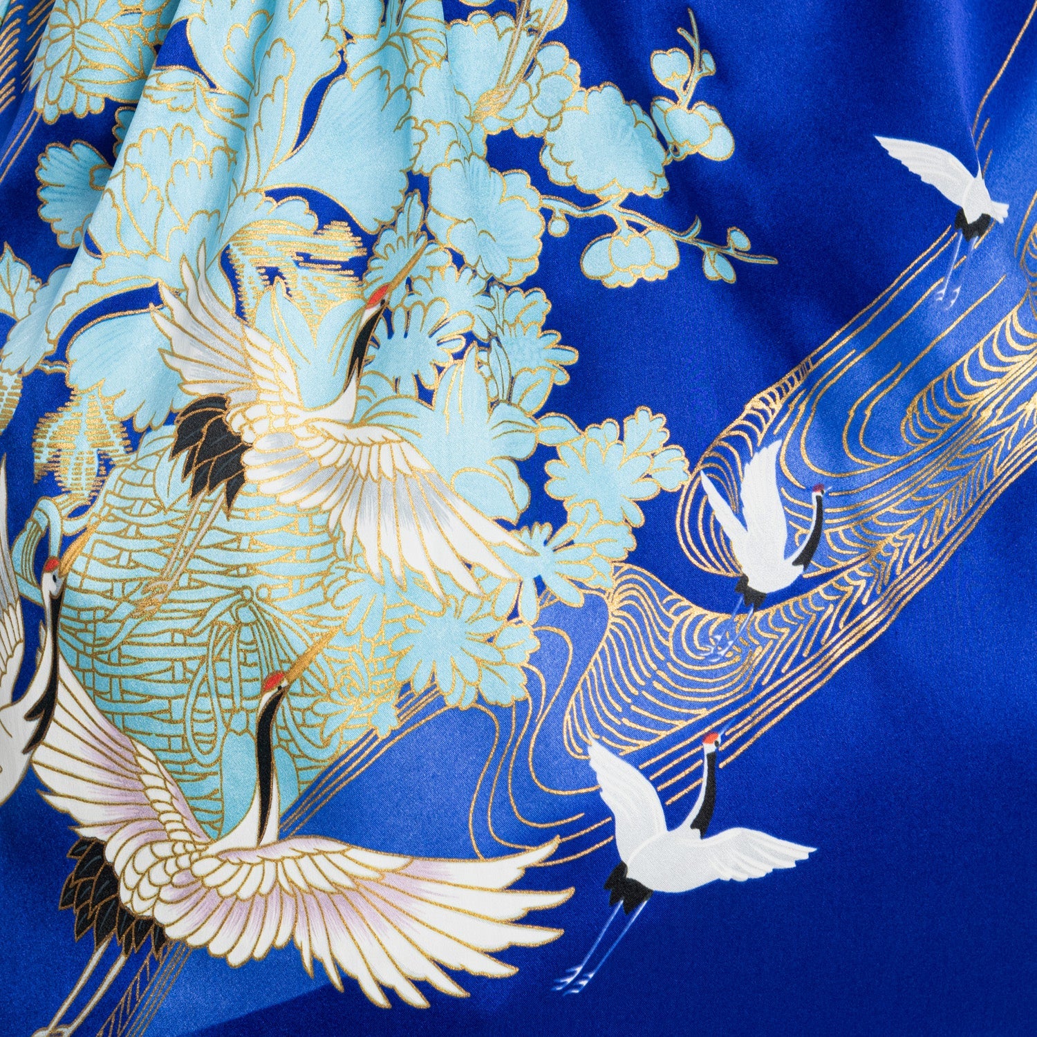 Silk Crane Print Short Blue Japanese Kimono - Image 5