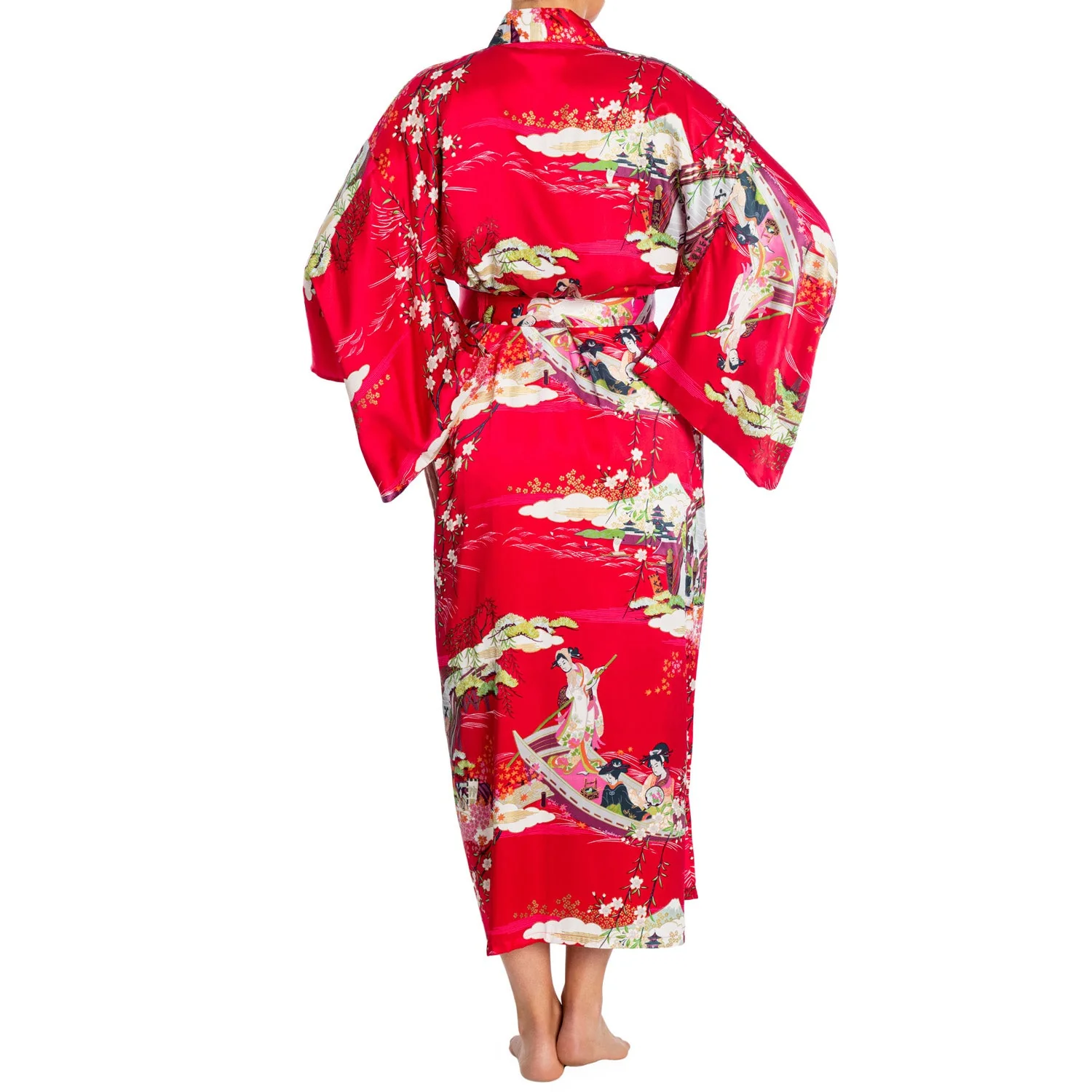 Silk Ukiyoe Print Long Red Japanese Kimono - Image 3