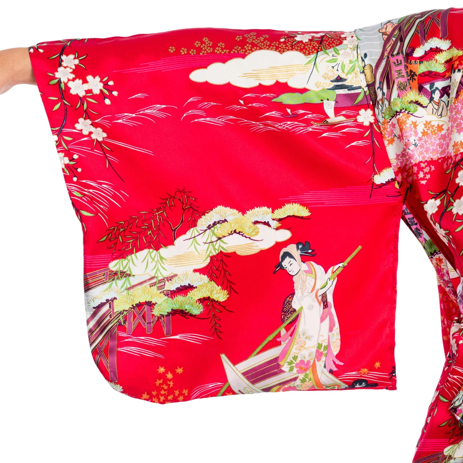 Silk Ukiyoe Print Long Red Japanese Kimono - Image 4