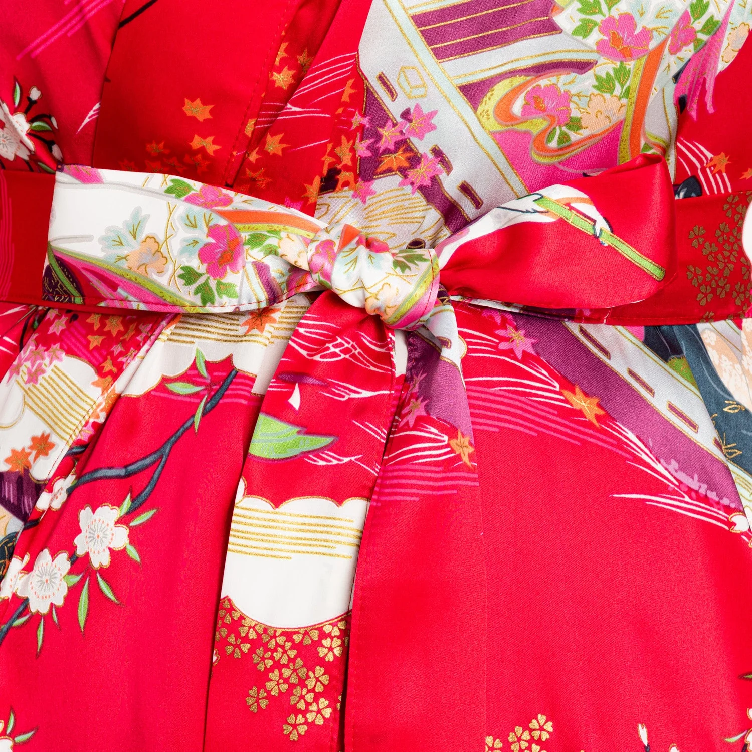 Silk Ukiyoe Print Long Red Japanese Kimono - Image 5