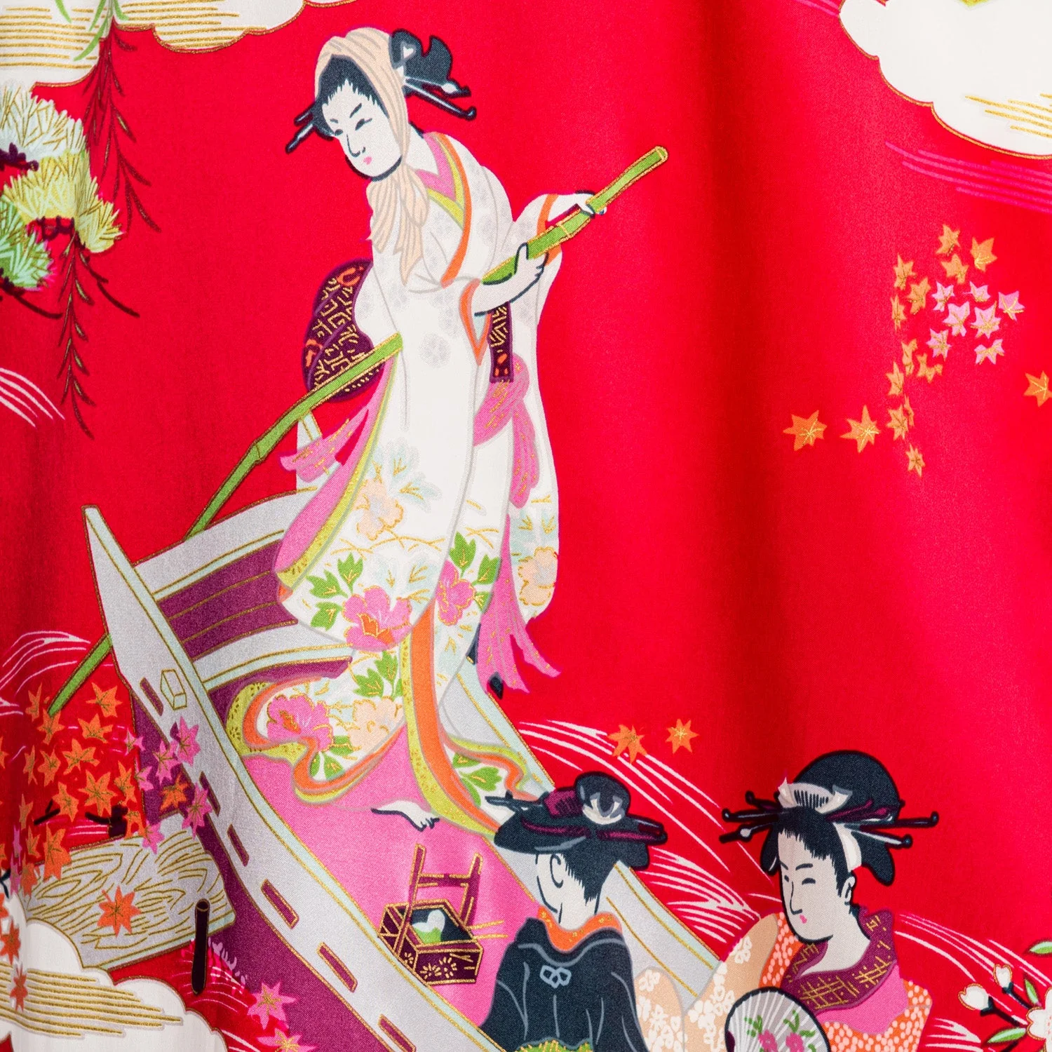Silk Ukiyoe Print Long Red Japanese Kimono - Image 6