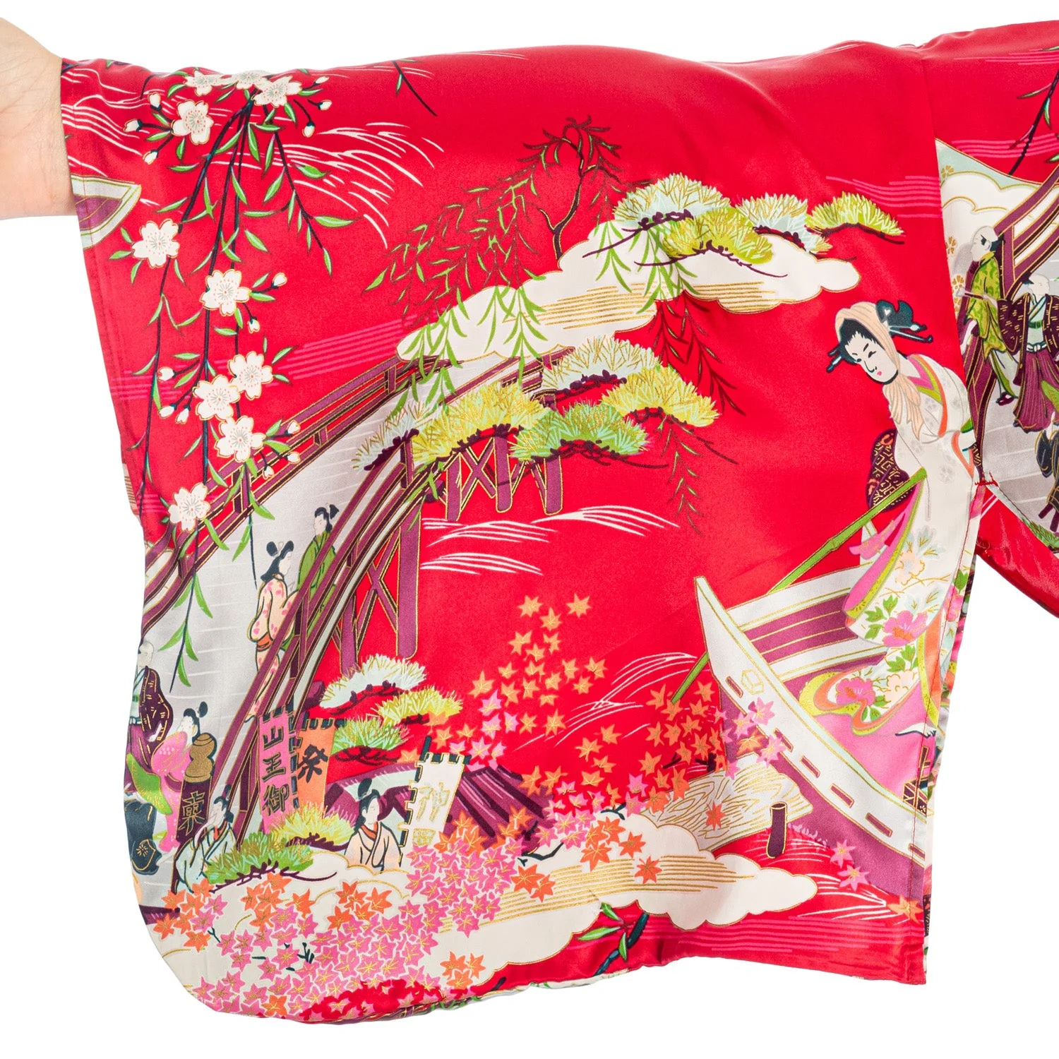 Silk Ukiyoe Print Long Red Japanese Kimono XL - Image 3
