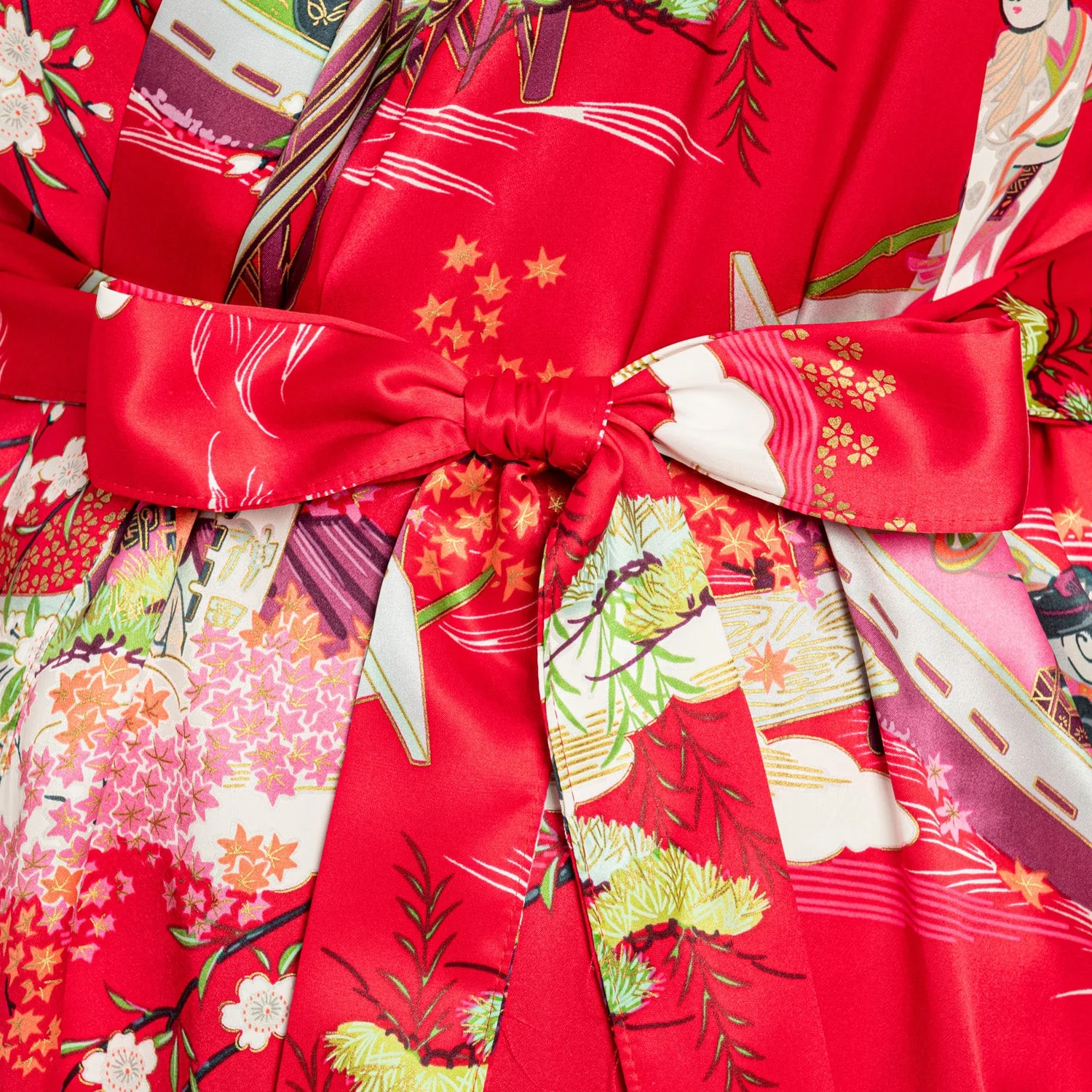 Silk Ukiyoe Print Long Red Japanese Kimono XL - Image 4