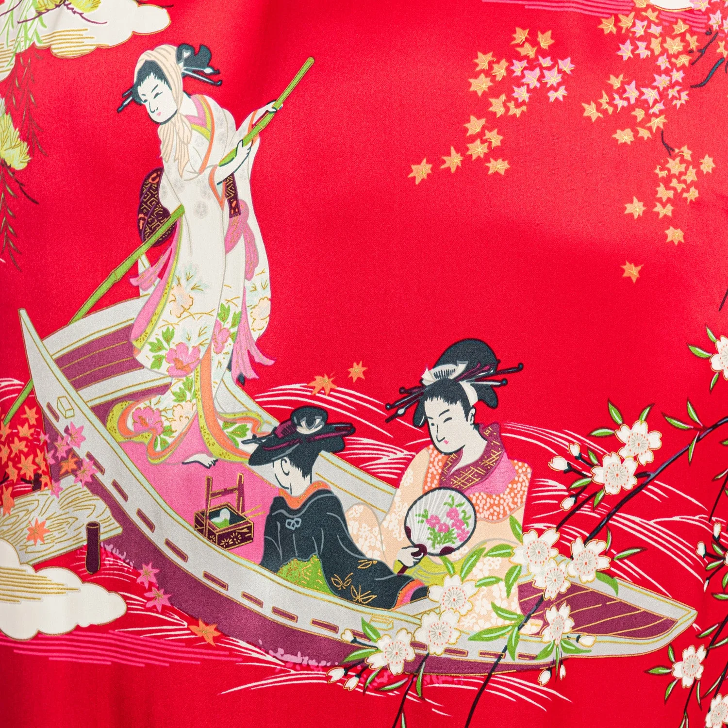 Silk Ukiyoe Print Long Red Japanese Kimono XL - Image 5